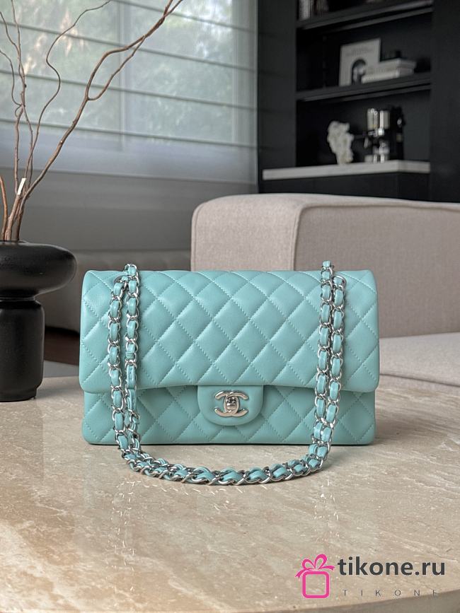 Chanel Classic Baby Blue Lamskin Silver Hardware Bag - 15.5×25.5×6.5cm - 1