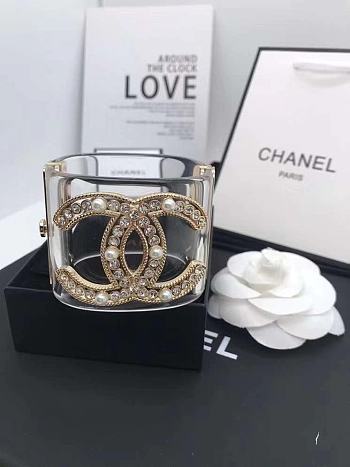 Chanel Faux Pearl & Strass CC Resin Cuff Bracelet Transparent 20103