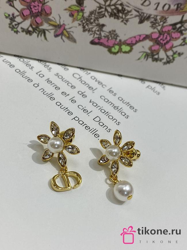 Bloom in Dior Earrings Gold Finish Metal with White Resin Pearls and Silver Tone Crystals - 1