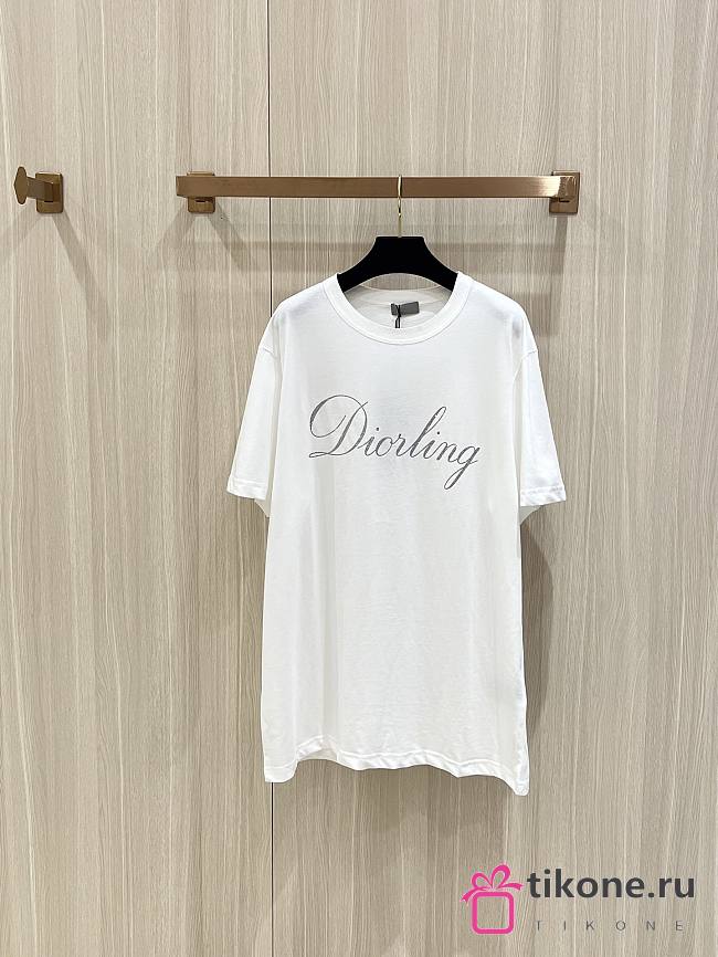 Dior CD T-Shirt with Double-Stitch Collar and Shimmering Silver Lettering White - 1