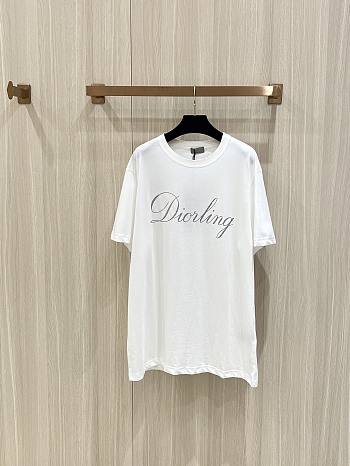 Dior CD T-Shirt with Double-Stitch Collar and Shimmering Silver Lettering White
