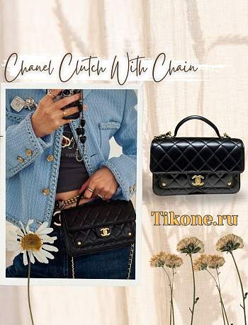 Chanel Clutch With Chain Shiny Lambskin Gold Tone Metal Black - 19x12x5cm