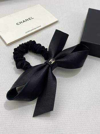 Chanel Hair Tie With Ribbon Leather Black