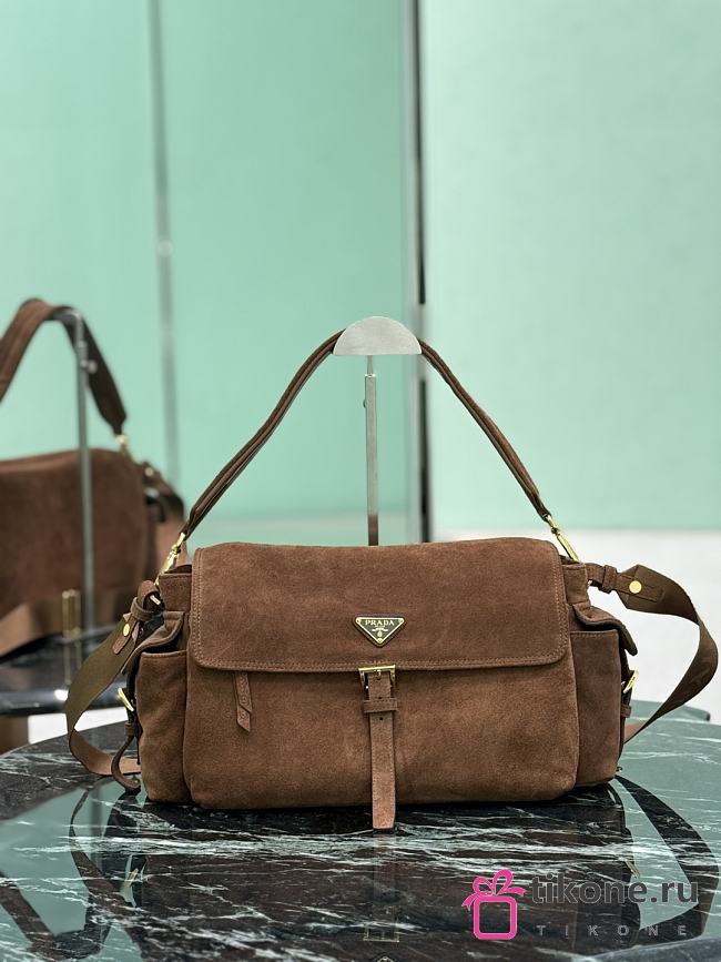 Prada Explore Large Suede Shoulder Bag With Flap Brown 1BD391 - 37.5x19x12cm - 1