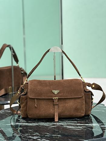 Prada Explore Large Suede Shoulder Bag With Flap Brown 1BD391 - 37.5x19x12cm