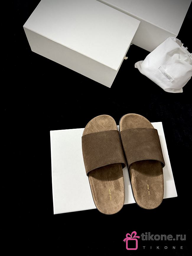 The Row Hugh Slide Brown in Suede  - 1