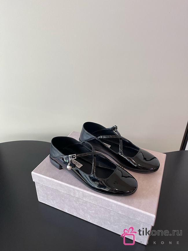 Jimmy Choo Eleri Ballerina Black Patent Leather Ballerina Pump with Pearl Charm - 1