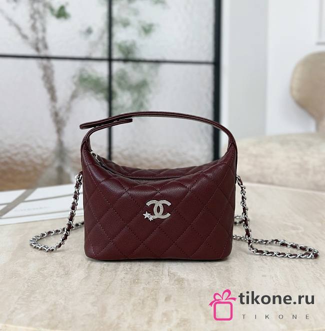 Chanel Mini Hobo Shiny Grained Calfskin Strass & Silver Tone Metal Burgundy - 21.5x19x6cm - 1