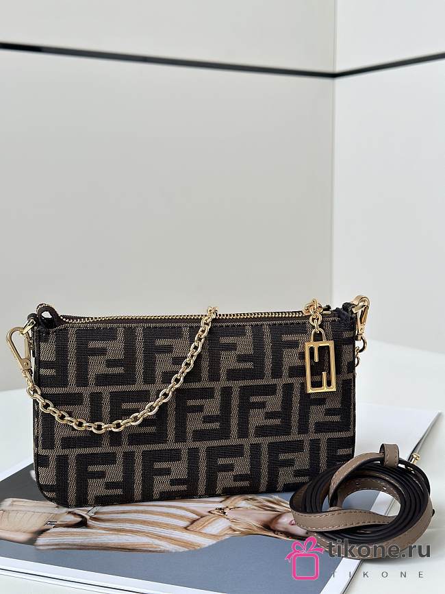Fendi Baguette Pouch Brown Jacquard FF Fabric Clutch With Chain - 20x13x3cm - 1