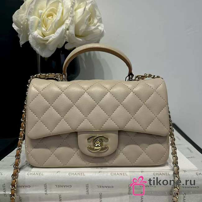 Chanel Mini Flap Top Handle Beige - Light Brown Lambskin Light Gold Hardware - 12x20x6.5cm - 1