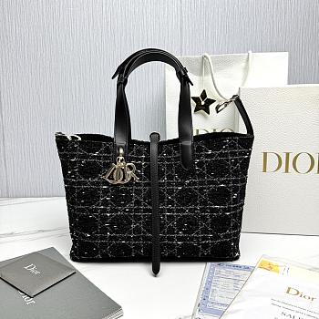 Medium Dior Toujours Bag Black Tweed with White Cannage Motif - 28.5x21.5x17cm