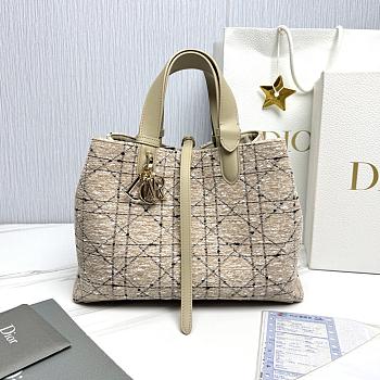 Medium Dior Toujours Bag Light Biscuit Tweed with White Cannage Motif - 28.5x21.5x17cm