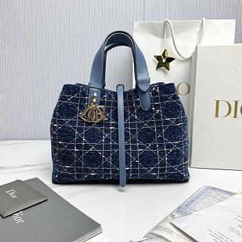 Medium Dior Toujours Bag Denim Blue Tweed with White Cannage Motif - 28.5x21.5x17cm