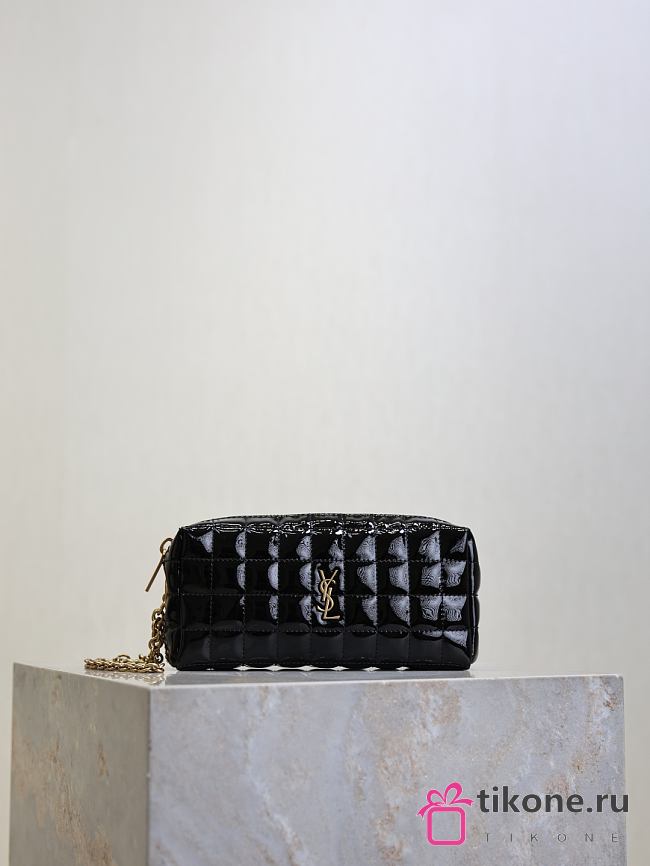 YSL Cassandre Matelasse Carre Pouch On Chain In Patent Black - 18.5×8.5×4cm - 1