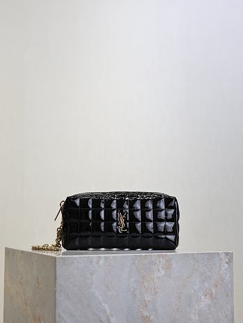 YSL Cassandre Matelasse Carre Pouch On Chain In Patent Black - 18.5×8.5×4cm