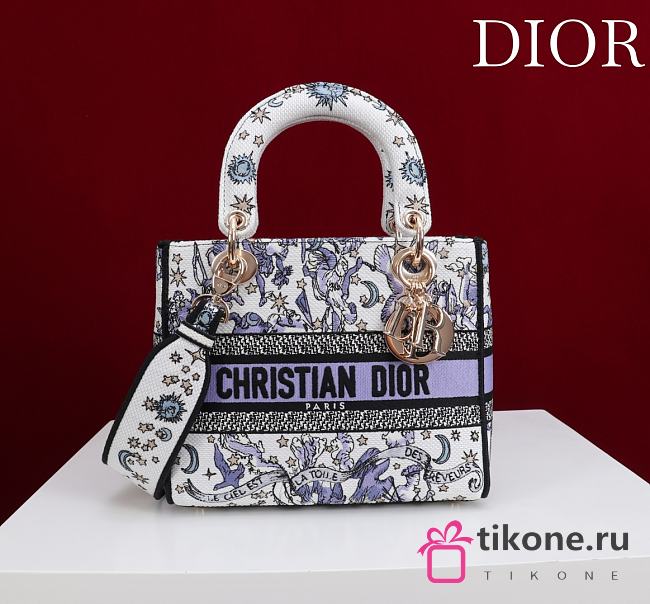 Dior Lucky Small Lady D-Lite Bag White and Blue Dior Night of Dreams Embroidery - 20x18x8cm - 1