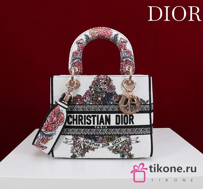 Dior Small Lady D-Lite Bag  Embroidered Canvas “Christian Dior Lucky” Floral Motif - 20x18x8cm - 1