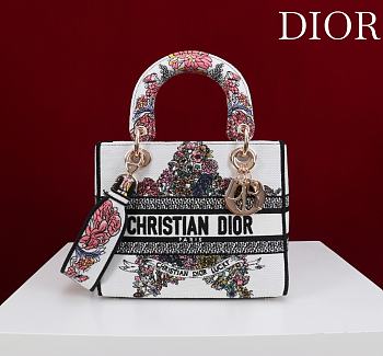 Dior Small Lady D-Lite Bag  Embroidered Canvas “Christian Dior Lucky” Floral Motif - 20x18x8cm