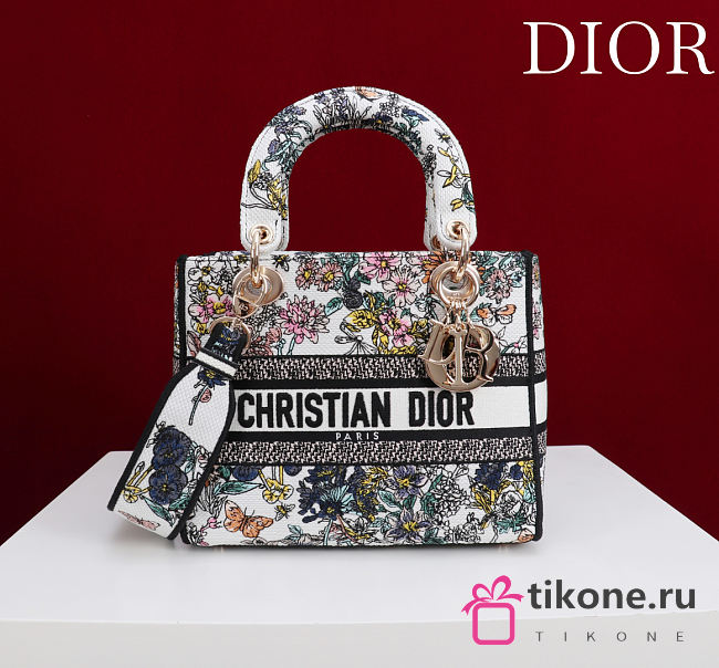 Dior Lucky Small Lady D-Lite Bag White Dior Flowers Calendar Allover Embroidery - 20x18x8cm - 1