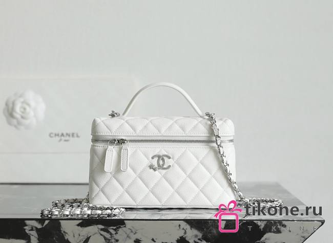 Chanel Vanity with Chain Shiny Grained Calfskin Strass & Silver Tone Metal White - 17x19.5x5cm - 1
