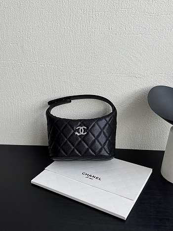 Chanel Mini Hobo Shiny Grained Calfskin Strass & Silver Tone Metal Black - 21.5x19x6cm