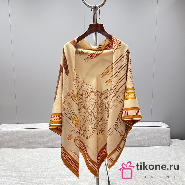Hermes Lettres Equestres Shawl 140 Milk Tea - 1
