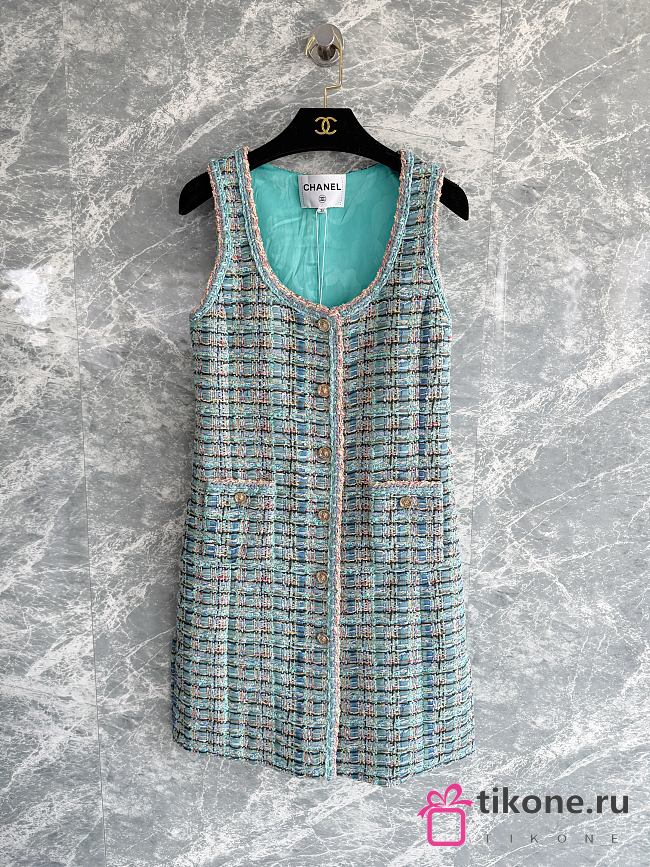 Chanel Dress Cotton Tweed Turquoise & Multicolour  - 1