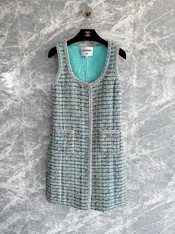 Chanel Dress Cotton Tweed Turquoise & Multicolour 