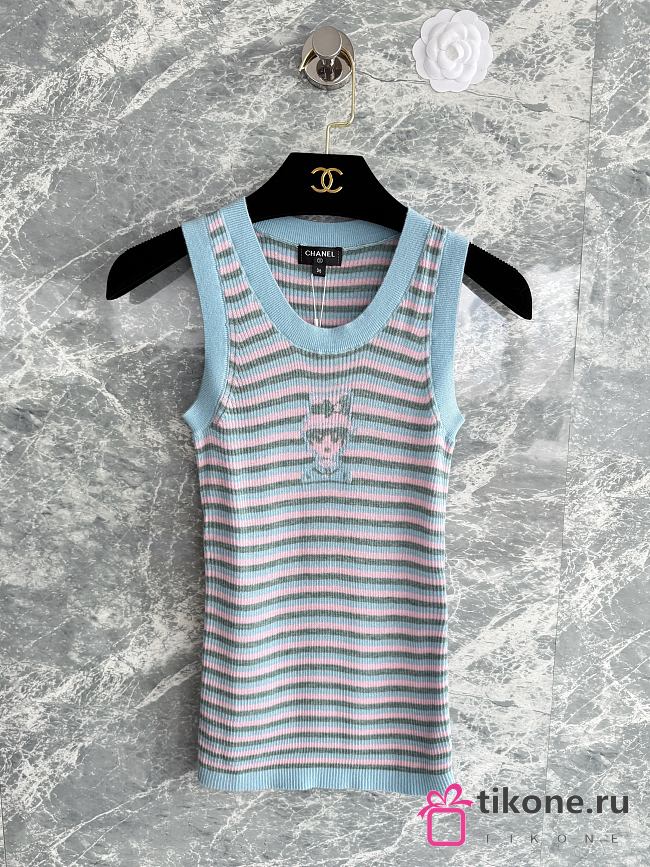 Chanel Striped Sleeveless Knit Tank Top with CC Motif Blue - 1