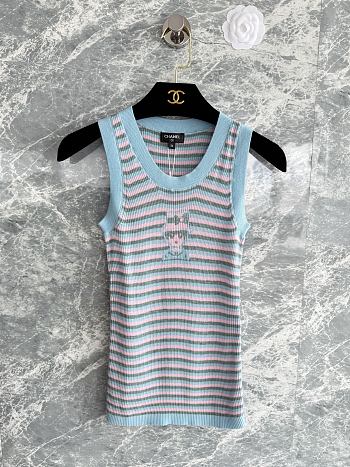 Chanel Striped Sleeveless Knit Tank Top with CC Motif Blue