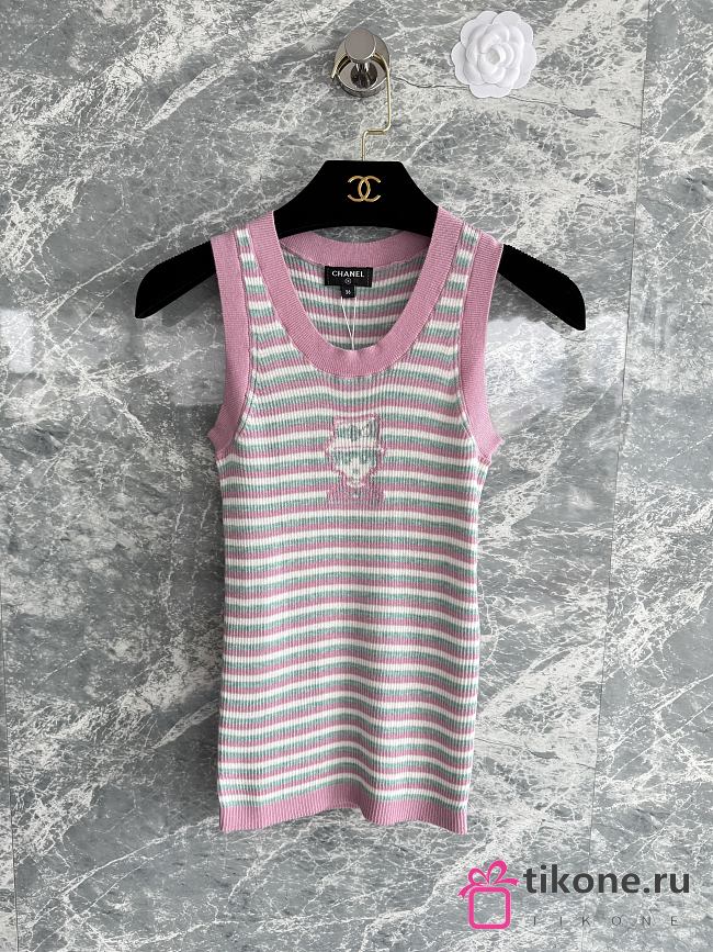 Chanel Striped Sleeveless Knit Tank Top with CC Motif Pink - 1