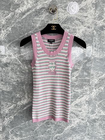 Chanel Striped Sleeveless Knit Tank Top with CC Motif Pink