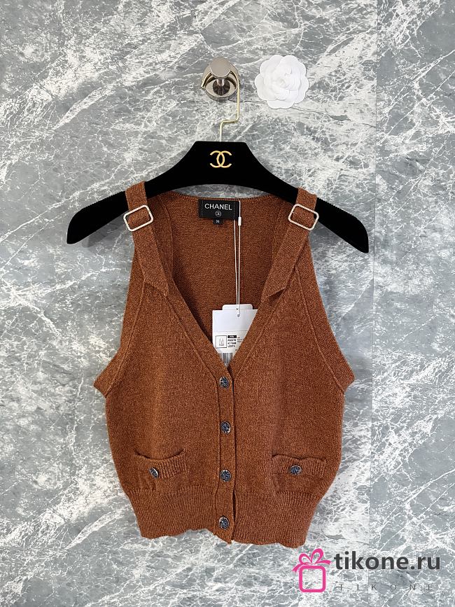 Chanel Knit Sleeveless Cardigan Vest with Adjustable Straps Brown - 1