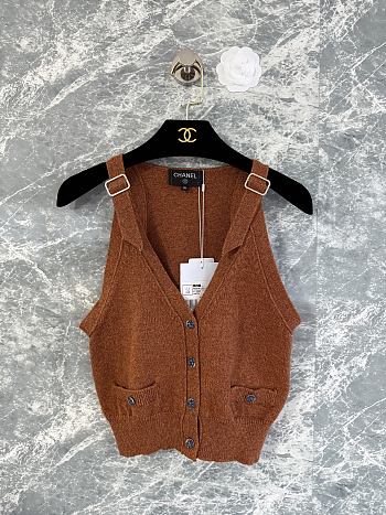 Chanel Knit Sleeveless Cardigan Vest with Adjustable Straps Brown