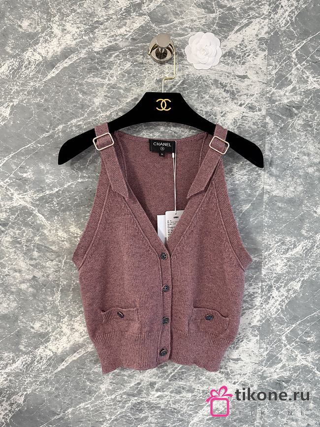 Chanel Knit Sleeveless Cardigan Vest with Adjustable Straps Pink - 1
