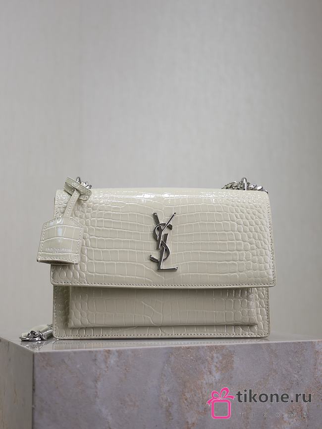 YSL Sunset Medium In Crocodile Embossed Leather White Silver - 22x8x16 - 1