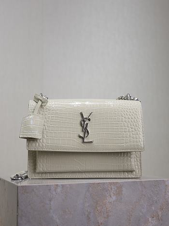 YSL Sunset Medium In Crocodile Embossed Leather White Silver - 22x8x16