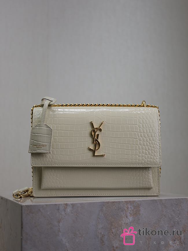 YSL Sunset Medium In Crocodile Embossed Leather White Gold - 22x8x16 - 1