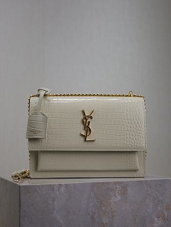 YSL Sunset Medium In Crocodile Embossed Leather White Gold - 22x8x16