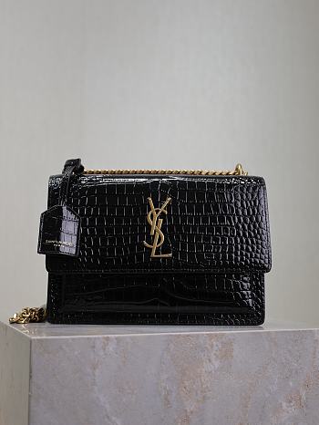 YSL Sunset Medium In Crocodile Embossed Leather Black Gold - 22x8x16