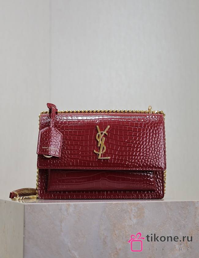 YSL Sunset Medium In Crocodile Embossed Leather Red Gold - 22x8x16 - 1