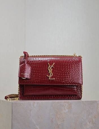 YSL Sunset Medium In Crocodile Embossed Leather Red Gold - 22x8x16