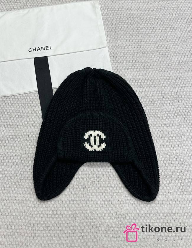 Chanel Knit Earflap Beanie Hat with CC Logo Black - 1