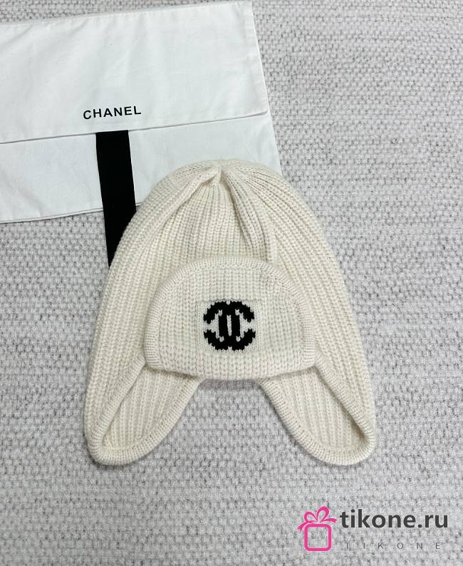 Chanel Knit Earflap Beanie Hat with CC Logo White - 1