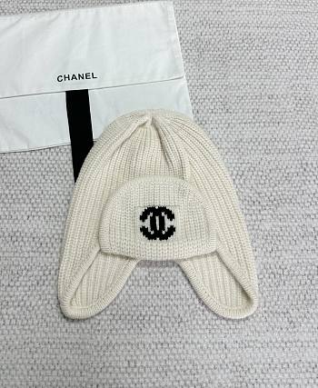 Chanel Knit Earflap Beanie Hat with CC Logo White