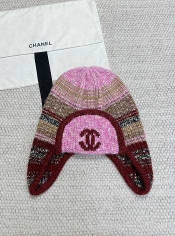 Chanel Knit Earflap Beanie Hat with CC Logo Multicolor