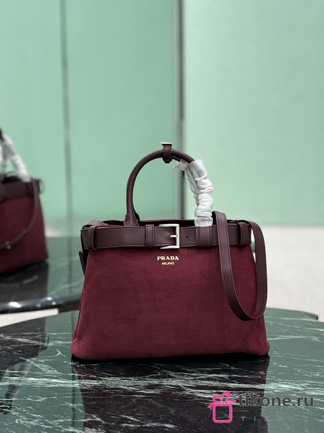 Prada Buckle Medium Suede Bag With Belt Burgundy 1BA434 - 32x23x11cm - 1