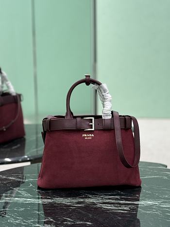 Prada Buckle Medium Suede Bag With Belt Burgundy 1BA434 - 32x23x11cm