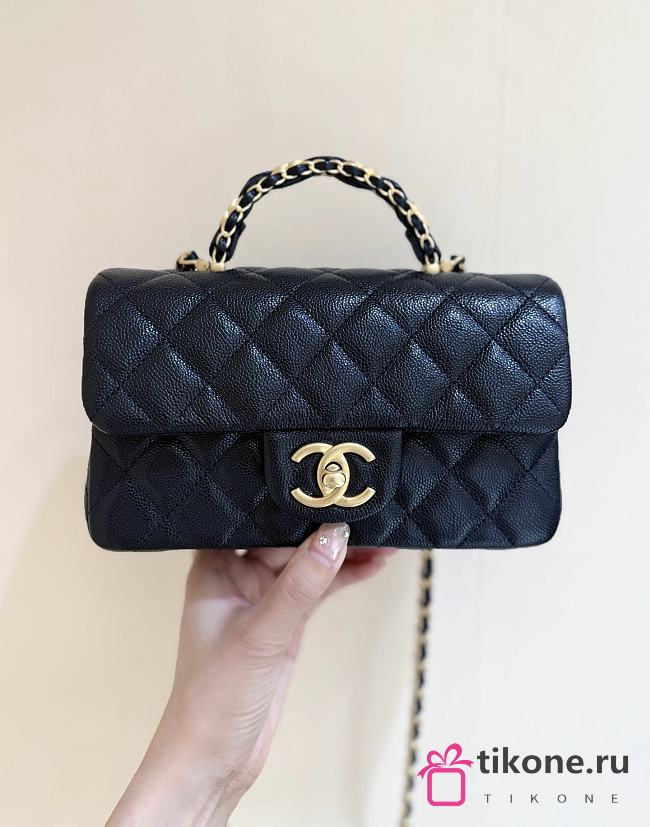 Fall-Winter 2025/26 Chanel Mini Flap Bag with Top Handle Grained Shiny Calfskin & Gold Tone Metal Black - 12x19.5x6.5cm - 1
