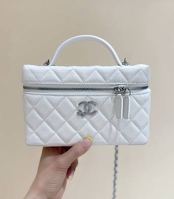 Chanel Vanity with Chain Shiny Grained Calfskin Strass & Silver Tone Metal White - 17x19.5x5cm